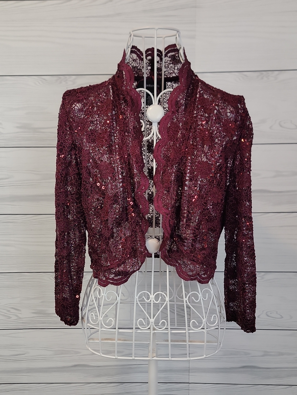 R&M Richards Burgundy Sequined Lace Open-Front Bolero Jacket Womens Size S